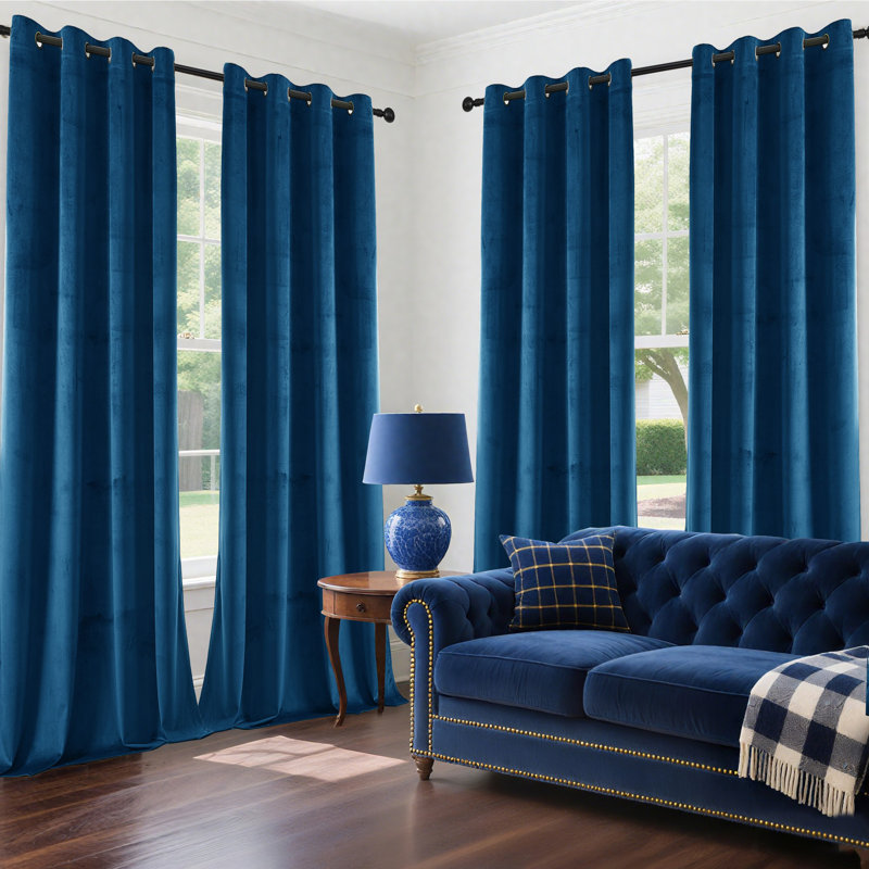 4Pcs Velvet Solid Color Metal Grommets Room Darkening Curtain Panels (Set of 4), 52" W x 63" L, Dark Blue