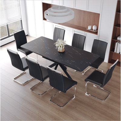 Ensemble de table de salle à manger à rallonge de 62,4 po pour 6 à 8 personnes dans la salle à manger, chaise de salle à manger sans accoudoirs rembourrée en forme de C et très grande table de salle à manger avec pieds en métal
