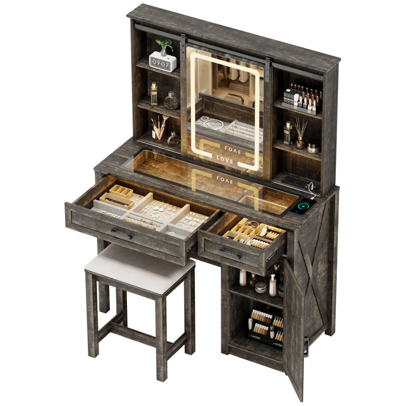 Polett Makeup Vanity With Sliding LED Mirror and Outlets, Dark Rustic Brown