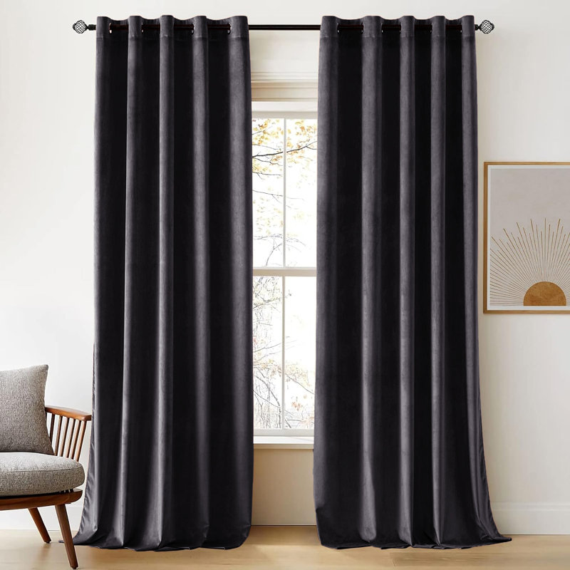 Thermal Velvet Curtains with Eyelet Ring Top - Blackout Crushed Velvet Drapes Pair, Charcoal, 117cm Width x 137cm Drop