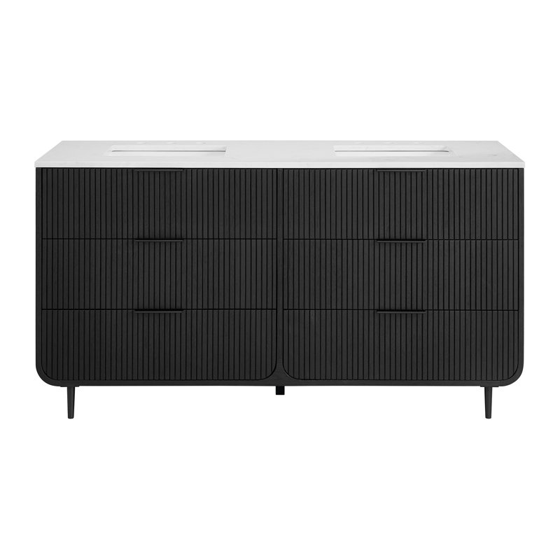 Cleo 60" Double Bathroom Vanity in Reeded Black Oak with Cultured Marble Countertop, Black Oak
