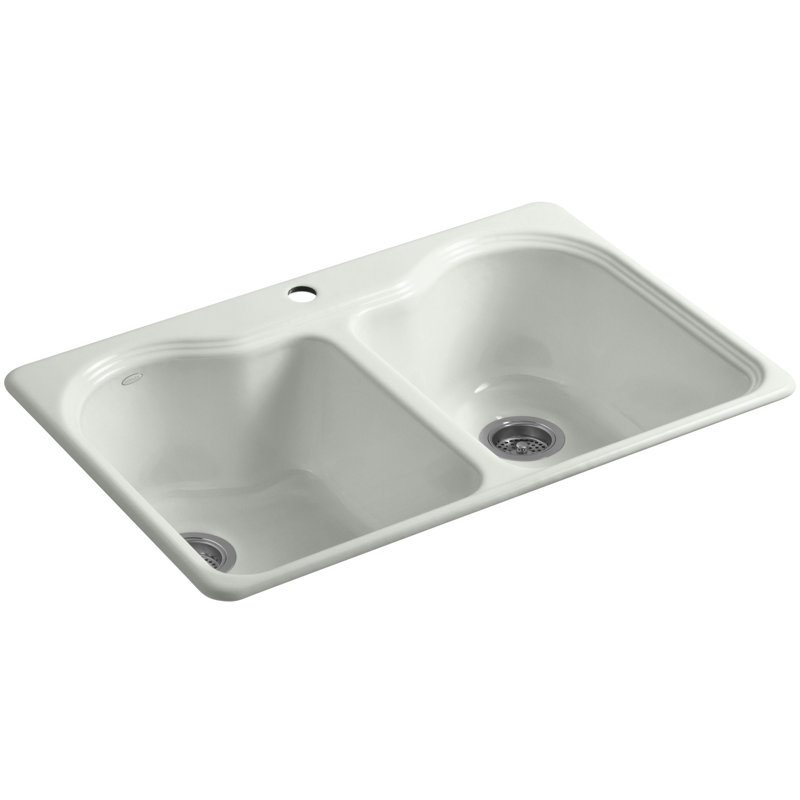 Hartland 33" L x 22" W x 9-5/8" Double Basin Drop-In Kitchen Sink, Sea Salt, 1 Hole