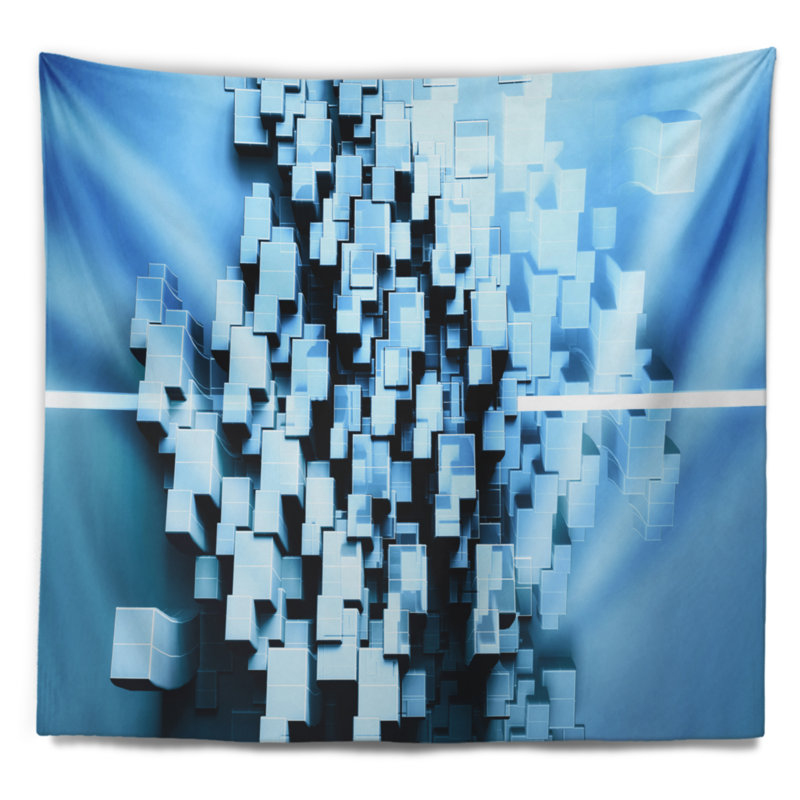 Tapisserie abstraite bleue à motif fractal en cubes 3D, H 32 po x l 39 po