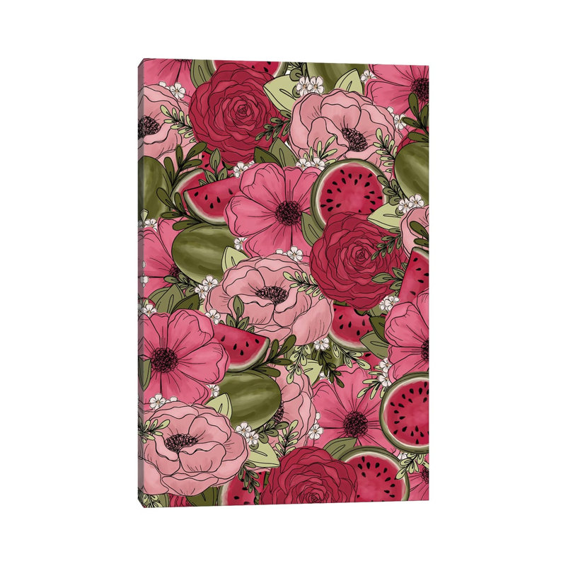 Watermelon Sketched Florals by Katie Bryant - Wrapped Canvas Gallery-Wrapped Canvas Giclée, 20.32 cm H x 30.48 cm W