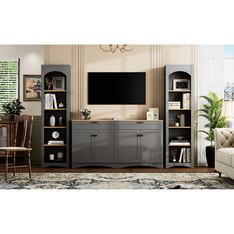 Meuble audio-vidéo de style Mid-Century rustique avec rangement, meuble télé gris pour téléviseur de 70 po, tablettes réglables décoratives de style salon, téléviseurs