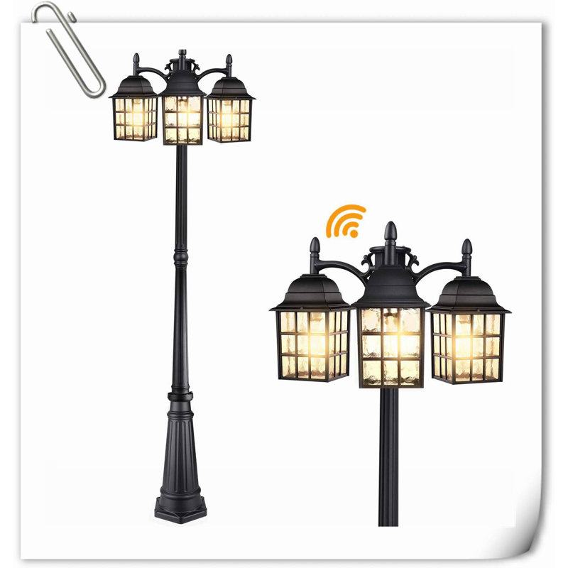 3-Head Outdoor Lamp Post Light Fixture, Dusk To Dawn Aluminum Post Lights Hard Wired, Sensor Pole Lights For Yard, Street Light Posts For Outside With Water Ripple Glass Shade, E26 Base