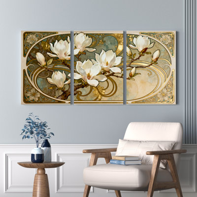 Ensemble de 3 tableaux muraux Art Déco à motif floral Magnolia