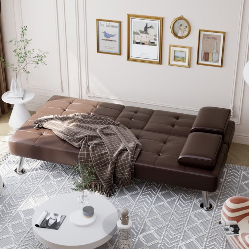 Canapé-lit futon convertible pliable en similicuir avec 2 porte-gobelets, Brun