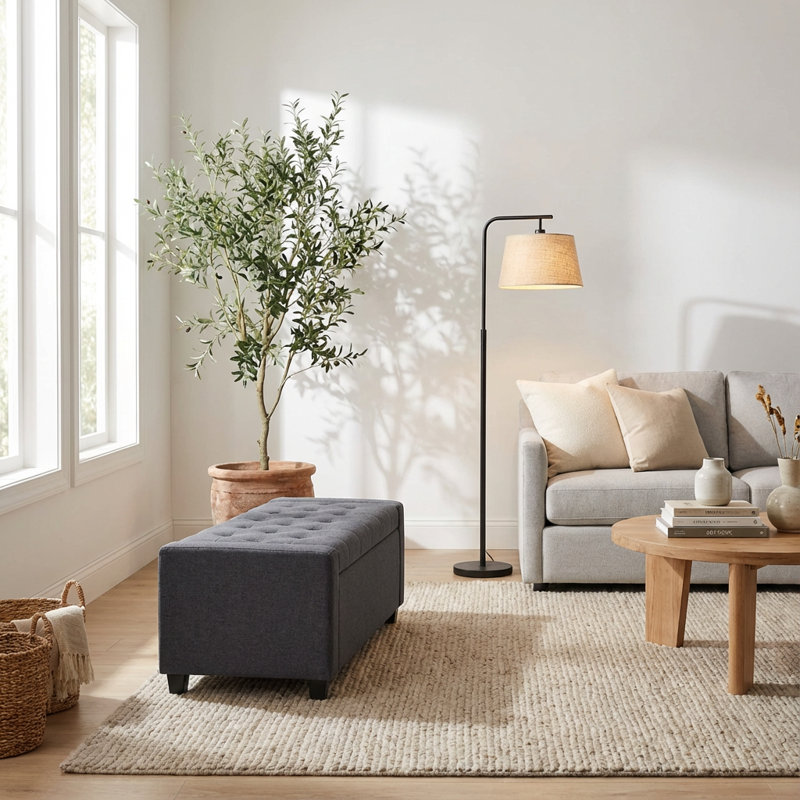 48-Inch Upholstered Storage Ottoman Bench with Arms for Bedroom and Living Room Seating, Grey Fabric Finish, Gray