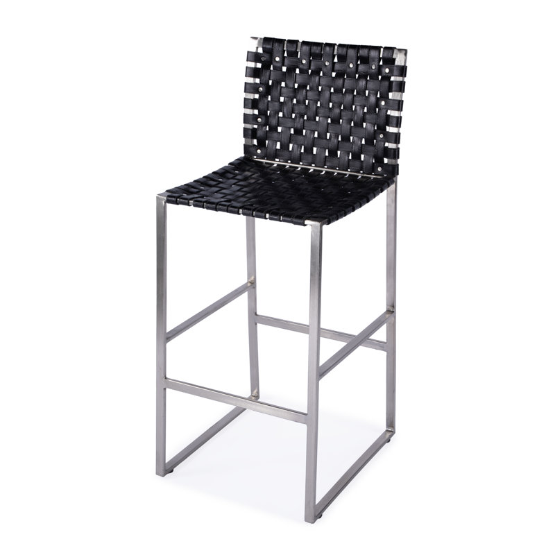 Butler Urban Brown Woven Leather Bar Stool, Bar Stool (30" Seat Height), Black/Silver