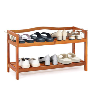 2-Tier Wood Shoe Rack Solid Shoe Storage Shelf Organizing Unit W/ Side Hooks