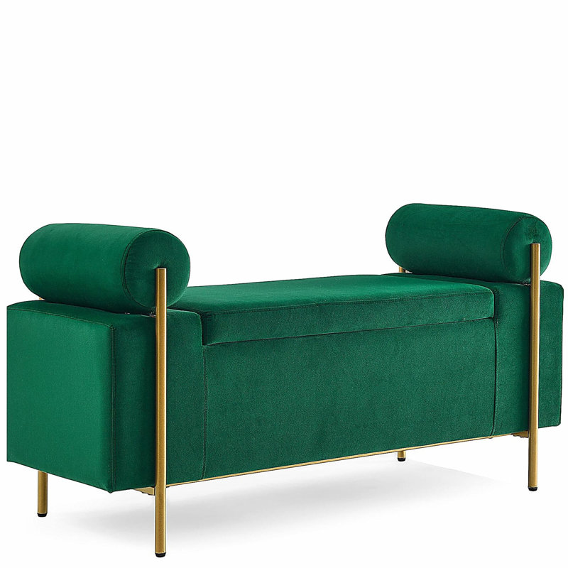 Velvet Storage Bench with Cylindrical Arms and Iron Legs, Green