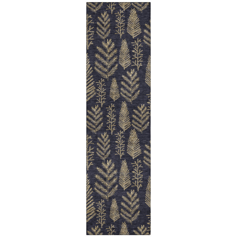 Machine Washable Indoor/Outdoor Christmas Pine Leaves Xhevrie Black Rug, Runner 2'3" x 7'6"