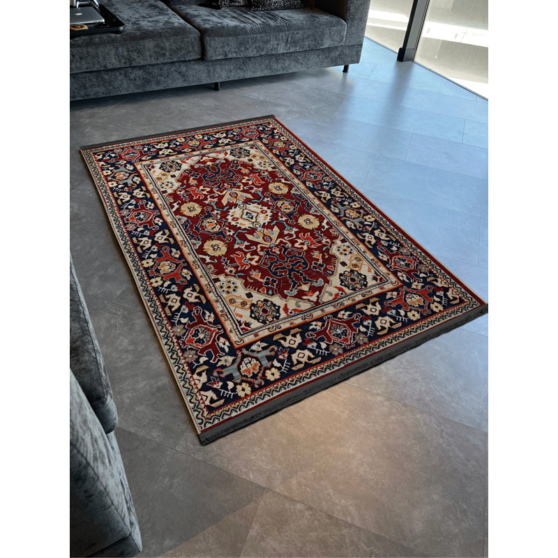 Tapis décoratif rétro multicolore à motifs foncés et à motifs frangés, Rectangle 4 pi 11,06 po x 7 pi 6,55 po