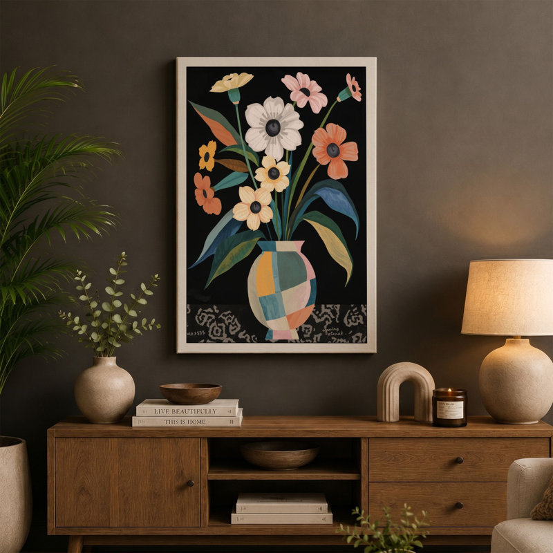 Geometric Floral Vase Mid-Century - Wrapped Canvas, 24x16 - 61.0 x 40.6 cm, Black Border