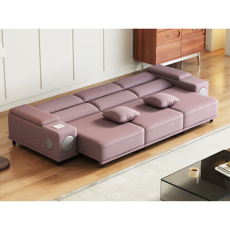 3 canapés modulaires inclinables électriques avec télécommande, haut-parleurs, recharge sans fil et 2 boîtes de rangement pour le salon, siège mi-ferme rose, structure en bois d'eucalyptus, fauteuil inclinable électrique principal 3
