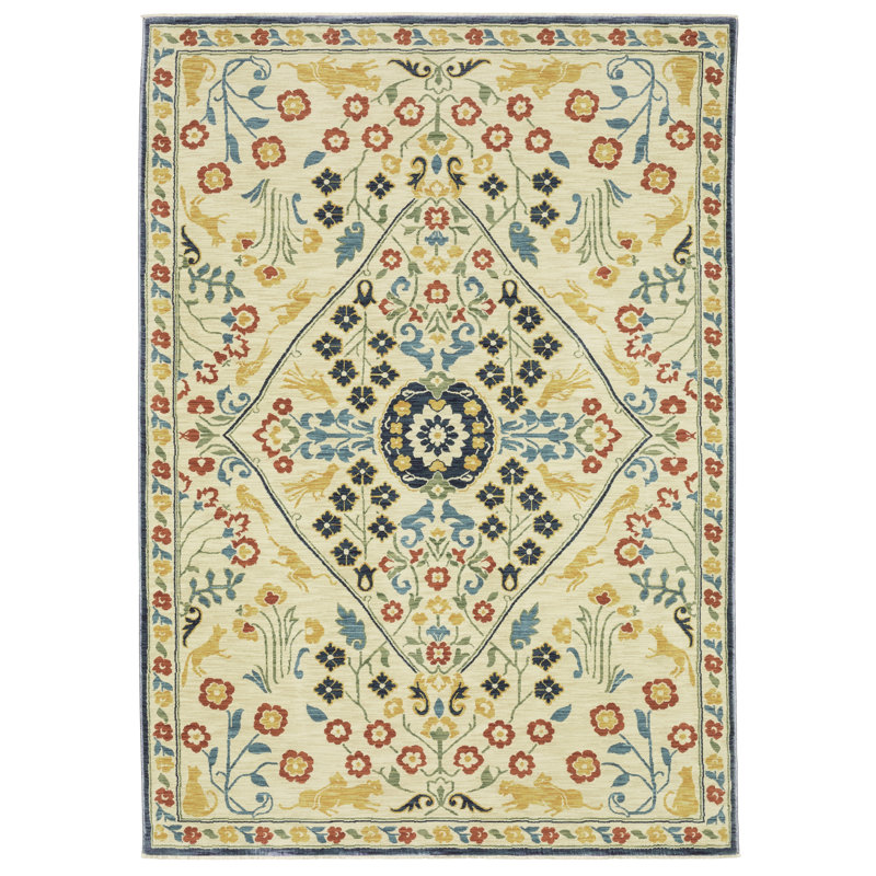 Tapis beige / bleu / jaune en polypropylène tissé à la machine Krouse, Rectangle 2 pi x 3 pi