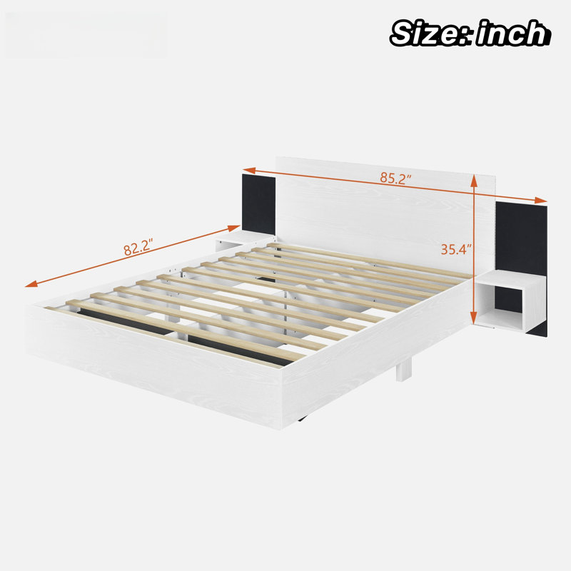 Wooden Floating Platform Bed With Led Lights And Built-in Nightstands, Queen, White