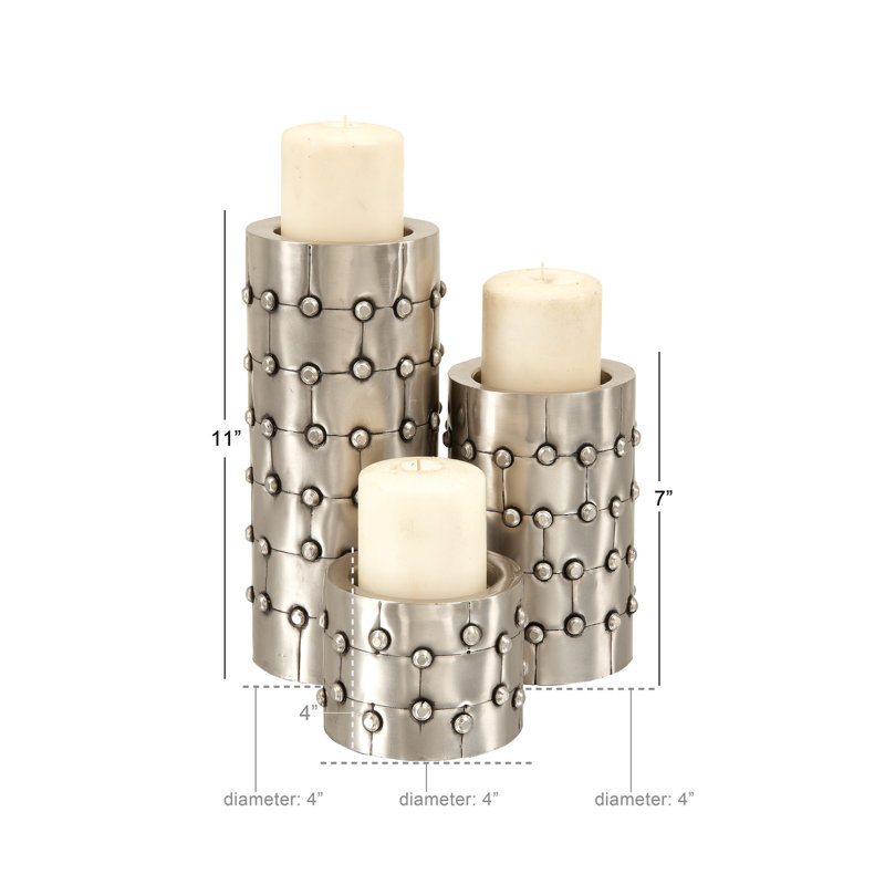 Metal Handmade Pillar Decorative Silver Candle Holder with Studs Set