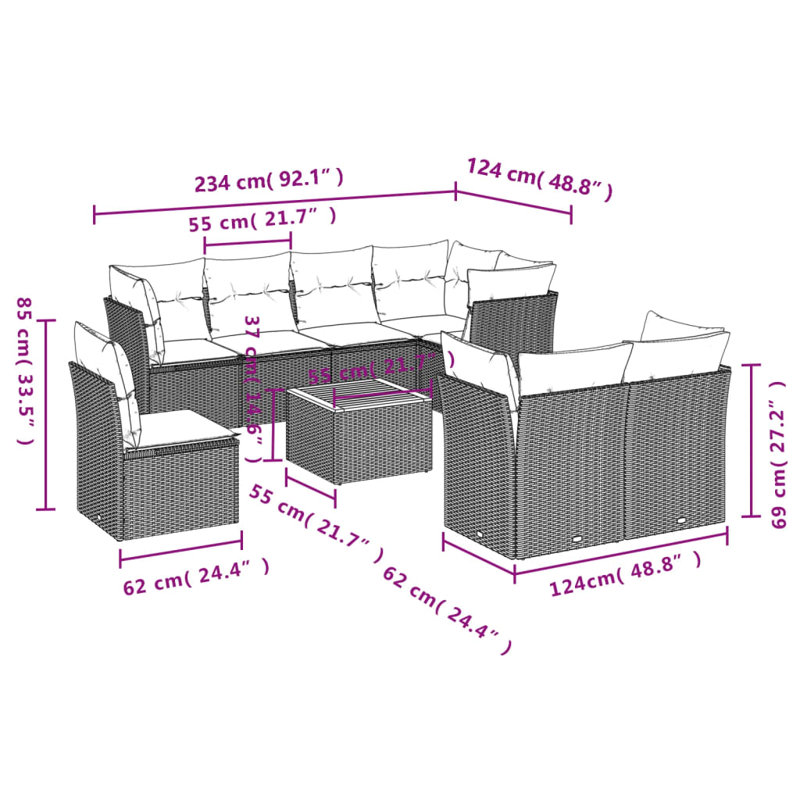  9 Piece Patio Sofa Set With Cushions Black Poly Rattan
