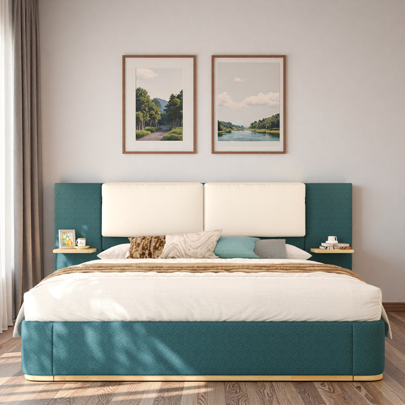 Lit plateforme tapissier avec tablettes, Vert/blanc, Grand lit