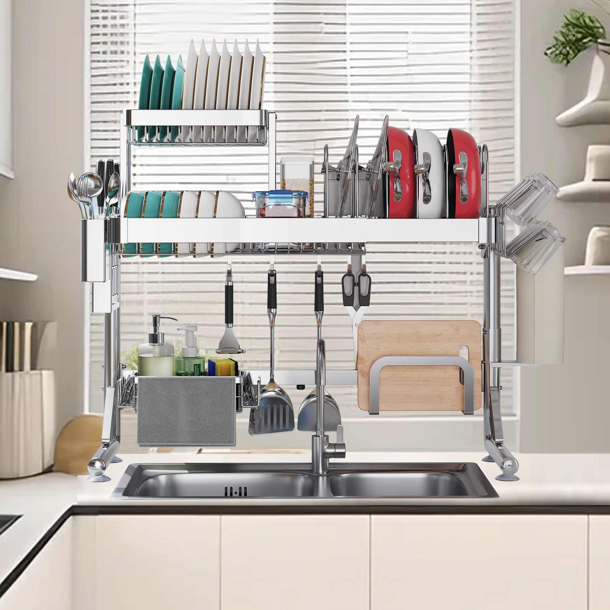 MAJALiS Egouttoir Vaisselle INOX avec Porte-Gobelets et Porte-Ustensiles, Séchoir à Vaisselle Cuisine Gris avec Vidange Automatique et Tapis de Séchage