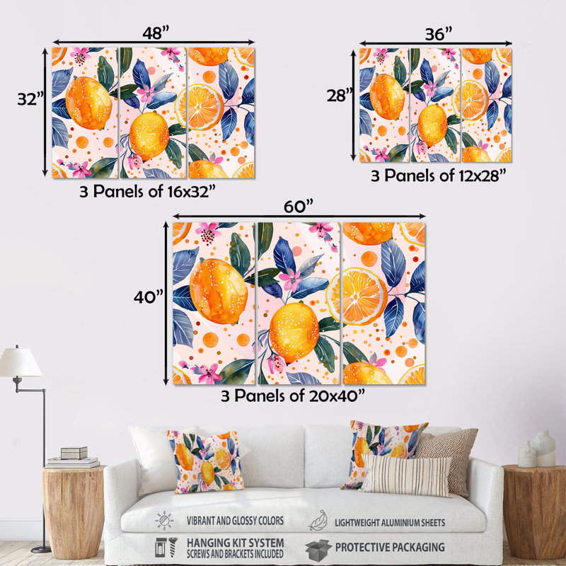 Ensemble de salon art floral jaune et rose avec arbres orange et fruits II, Sans cadre, H 40 po x l 60 po