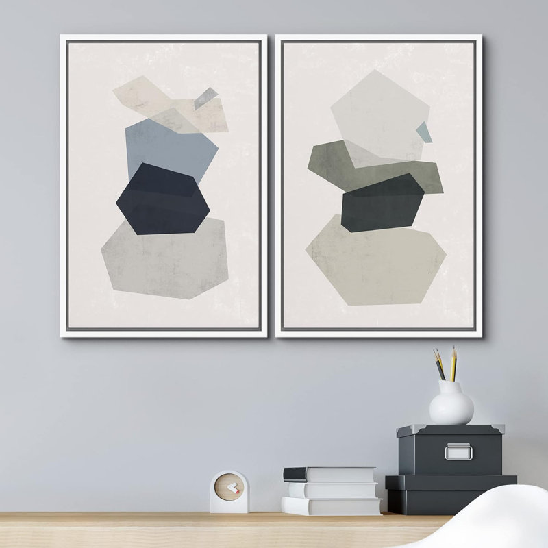 Mid-Century, formes géométriques pastel bleues et vertes, formes abstraites modernes sur toile, 2 pièces
