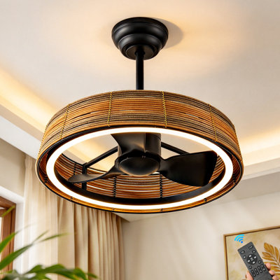Ventilateur de plafond fermé en rotin de 19,68 po avec lumière, 6 lumières à DEL à intensité variable et télécommande, ventilateur de cage à profil bas pour cuisine de chambre à coucher