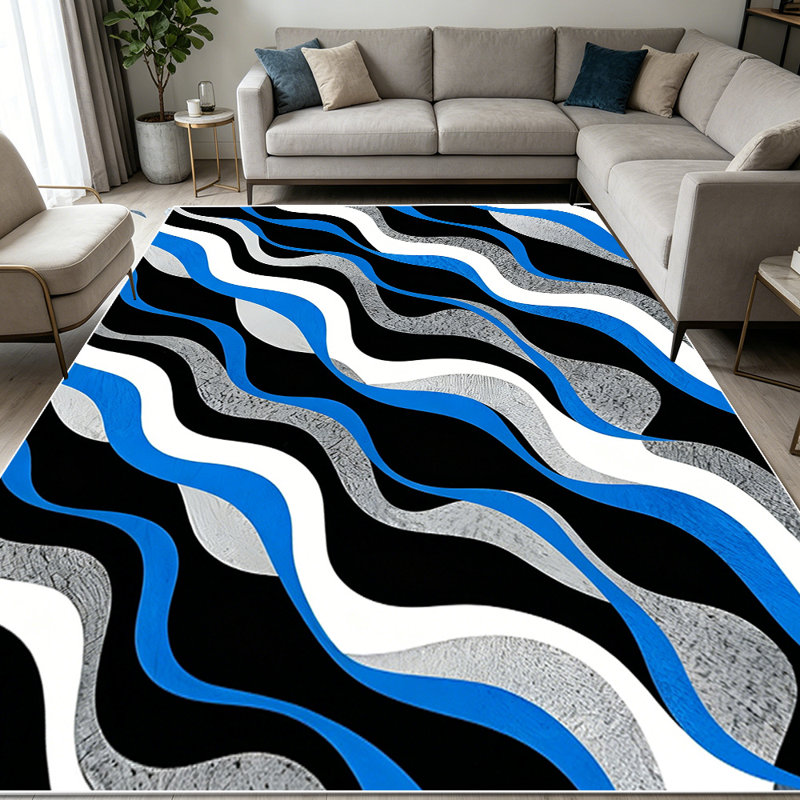 1PC Blue Black White Gray Wavy Geometric Striped area rugs for Living Room, Soft and Comfortable, Suitable for all seasons, easy-to-maintain, machine washable Indoor floor mat, Under Table Farmhouse suitable for living room, dining table, bedroom,