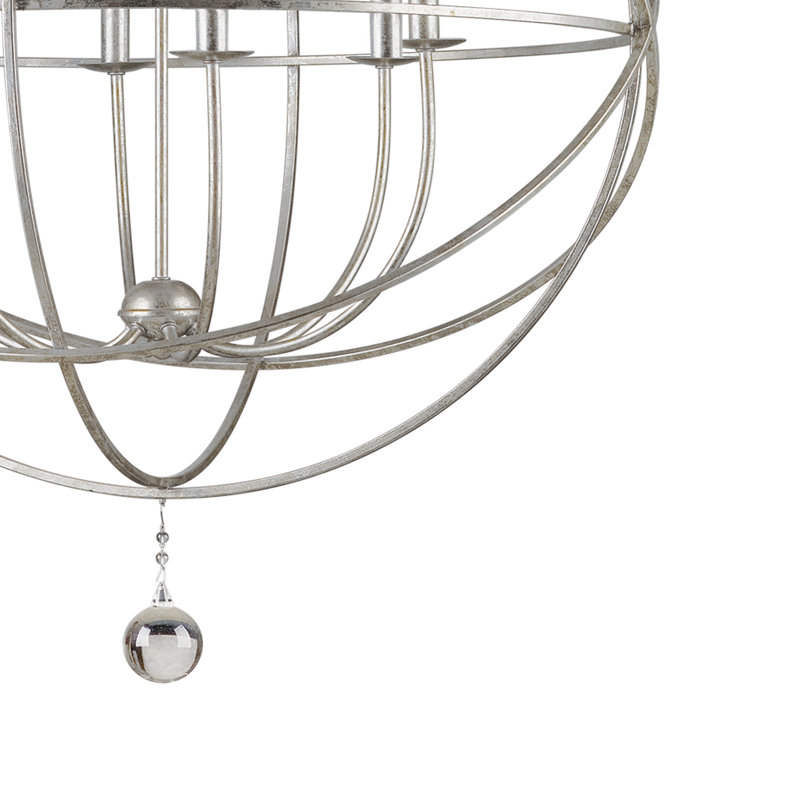 Lustre spectaculaire de style globe à 6 lumières avec détails en verre soufflé à la main Jayden, Argent d'antan