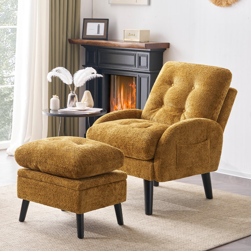 Elandra Upholstered Accent Chair and Ottoman, with 5 Level Adjustable Backrest, Mustard Chenille