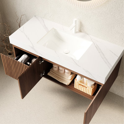 48" Bathroom Vanity With White Sintered Stone Countertop And Ceramic Basin, Floating Plywood Cabinet Drawer Soft - Close Doors, Brown Oak Finish Featuring Basin Stone, Finish, Pre Assembled