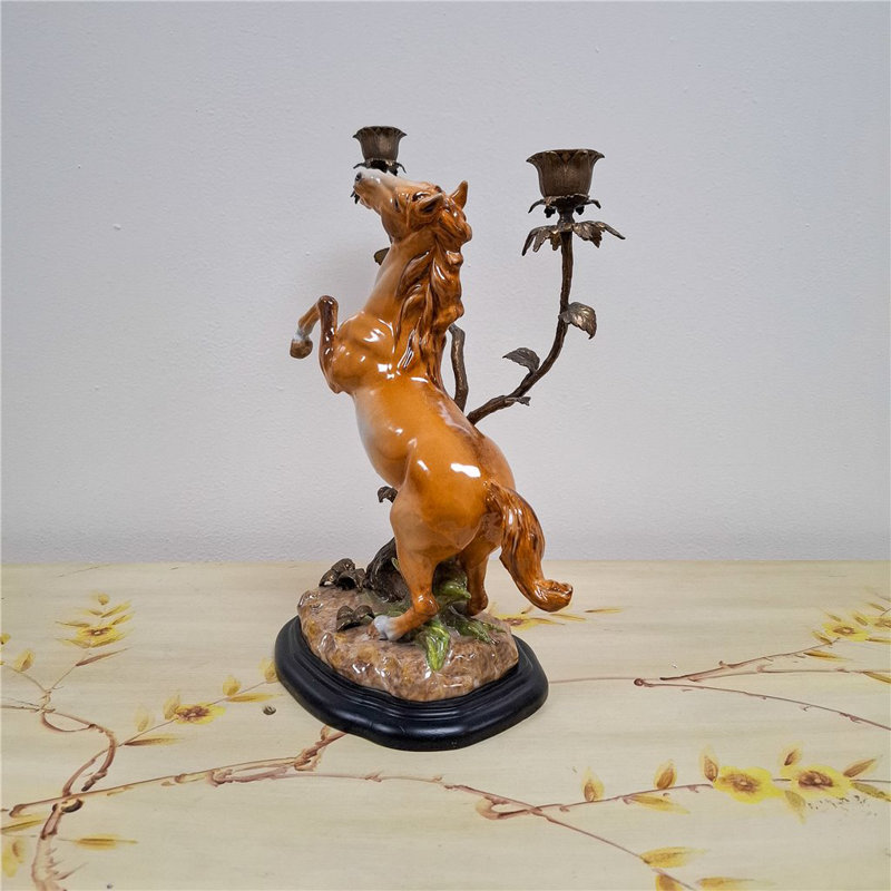 Porcelain Horse With Bronze Candle Holders on Wood Base