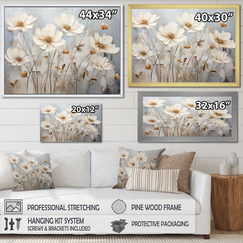 «White Buttercups On Beige Simplicity» sur impression sur toile, Gold Picture Framed, 24" H x 32" W
