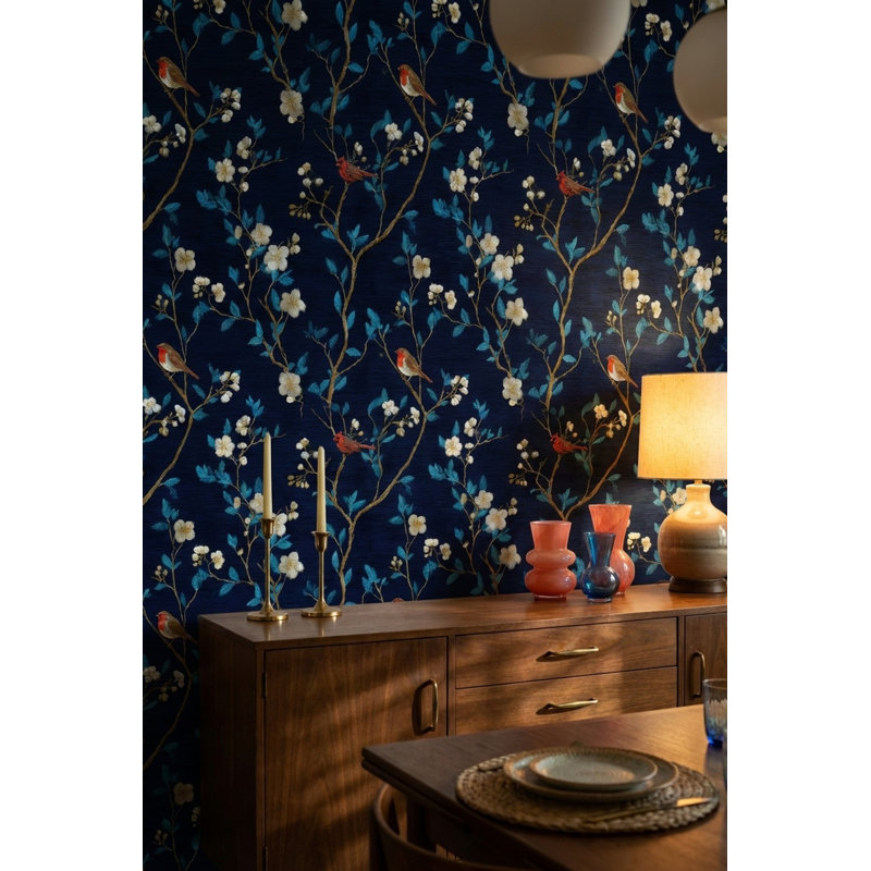 Papier peint floral oiseaux rétro