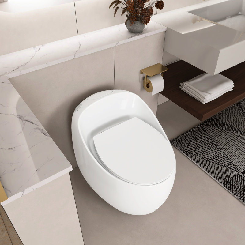 Ceramic Egg Shape Bathroom Toilet - Glossy White, 1.28 Single Flush, Accessory Modern In White Shape, Smooth Flushing Action