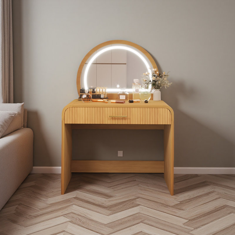 39" Modern Makeup Vanity Desk W/ Touch Led Mirror, Storage Drawer – Curved Safety Design, Convertible To Workspace, Natural