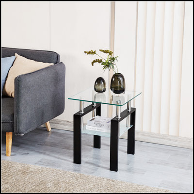 Petite table 2 pièces en verre trempé transparent, table de bout pour le salon, table de canapé au design durable et élégant