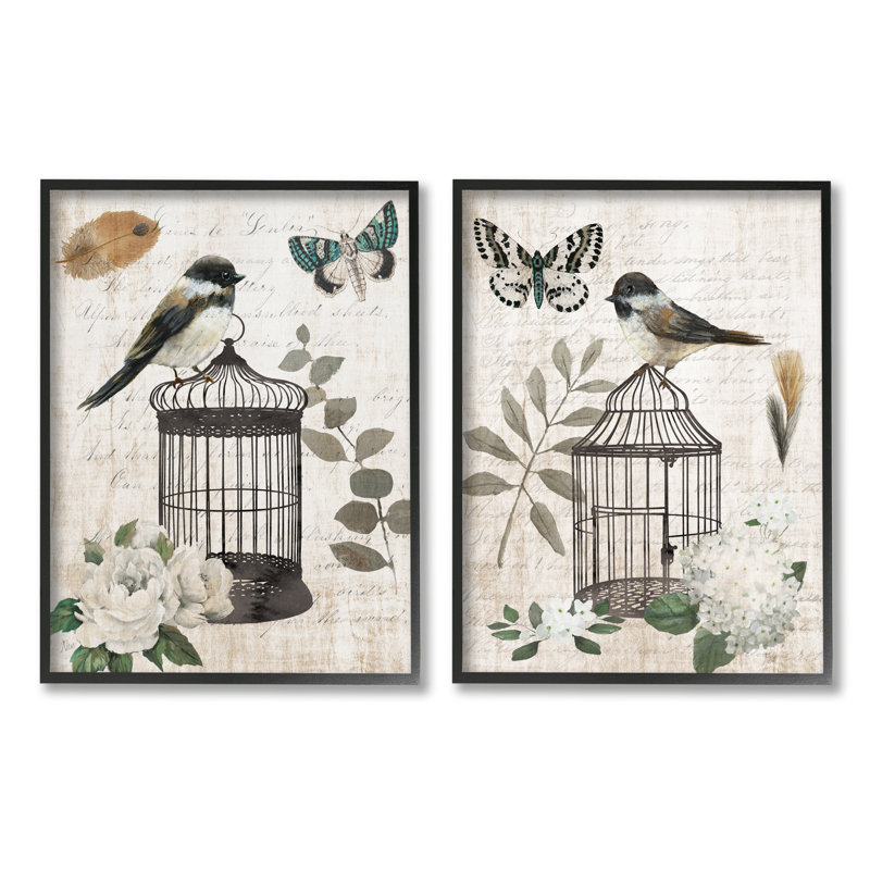 Cage à oiseaux rétro perchée par Timeless Cursive par Nan - ensemble de 2 impressions sur toile, Giclée encadrée noir minuit
