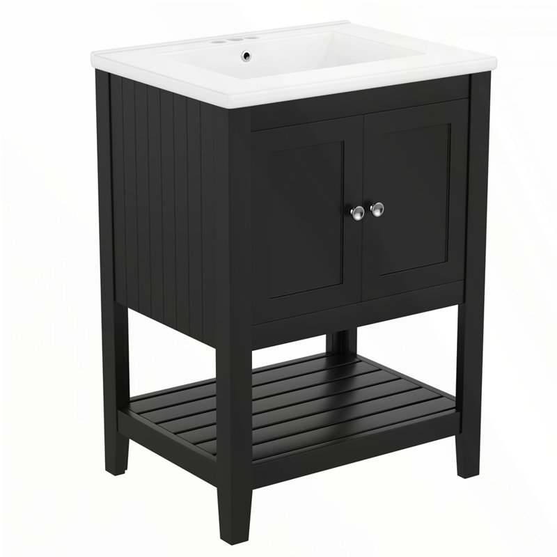 Lavabo de salle de bain moderne en céramique 24 po, Noir, Argent