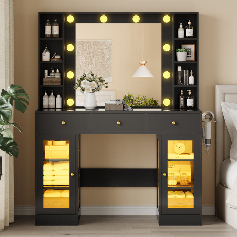 Large Makeup Vanity Desk With Lights & Mirror,10 Round Bulbs Lights with Mirror,Power Outlet,5 Drawers,8 Shelves with Brightness Lighting, Hair Dryer Holder（No Stool)