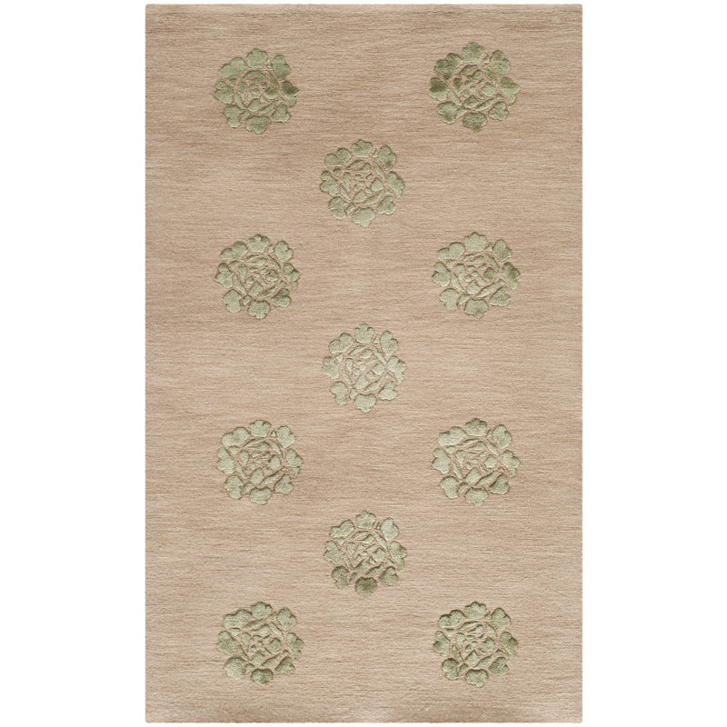 Tapis floral en laine / soie noué à la main brun clair / vert clair, Rectangle 8 pi 6 po x 11 pi 6 po