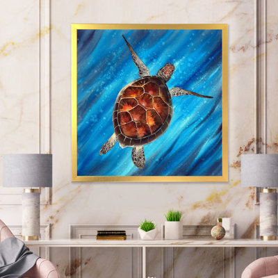 Tortue de mer colorée nageant en bleu - reproduction d'art sur toile nautique et côtière