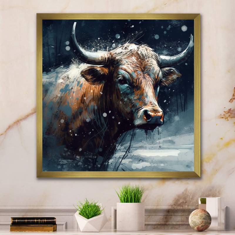 Vache dans la neige II - impression, Encadrement doré, H 24 po x l 24 po x P 1 po