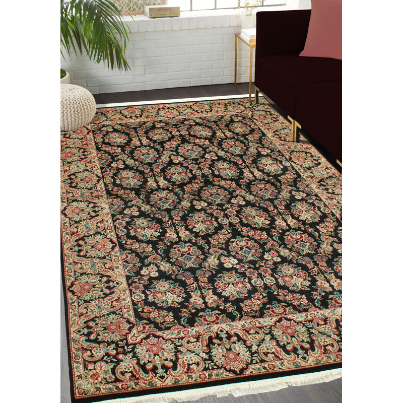 Tapis noir / ivoire fabriqué à la main teint dans la masse de légumes Salem, 6 pi 1 po x 9 pi 1 po