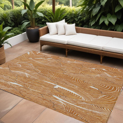 Tapis d'extérieur lavable abstrait brun cuivré 8 pi x 10 pi