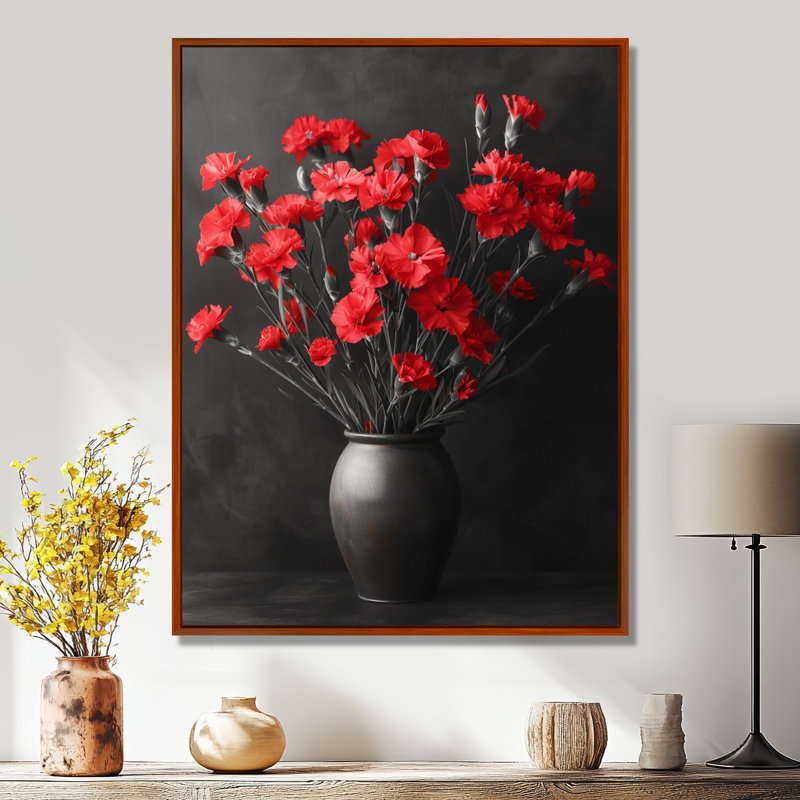 Monochromes rouges, noirs, vibrants, œillets I - œillets, art mural, salon, Toile avec cadre flottant brun