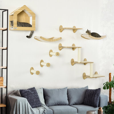 Arbre à chat unique fabriqué à partir d'étagères à chat avec 10 niveaux pour plus de hauteur, arbre de chat mural avec aire de jeu grimpante