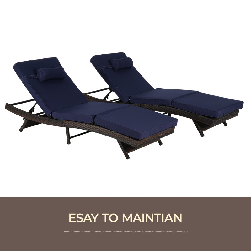 Outdoor Wicker Long Reclining Chair Set Of 2 , Wicker Reclining Lounge Chair Lawn Sunbathing Chairs Recliner Up To 150° Beach Poolside Garden